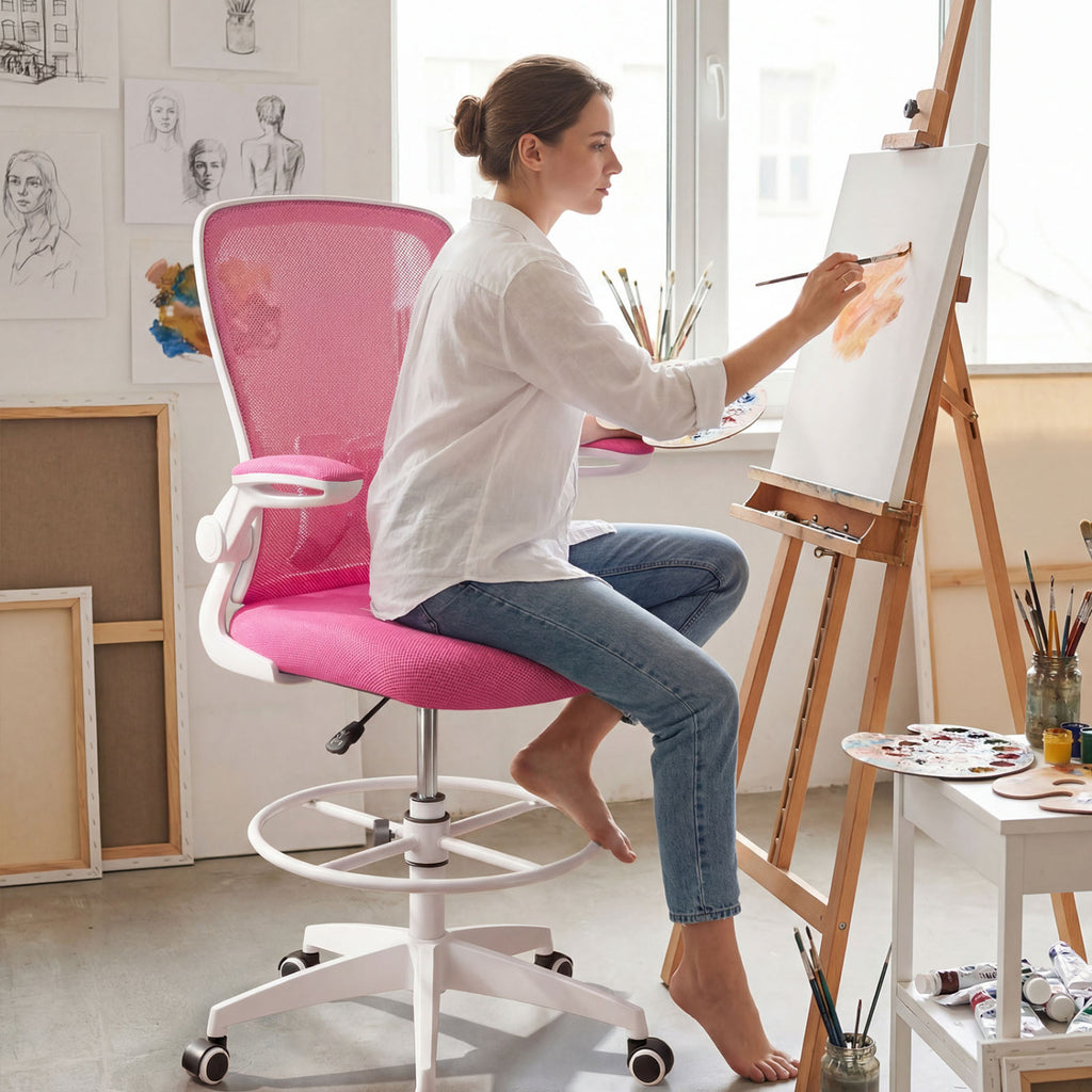 Height Adjustable Drafting Chair with Flip Up Arms for Home Office-Pink