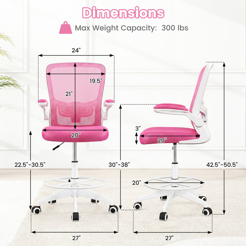Height Adjustable Drafting Chair with Flip Up Arms for Home Office-Pink