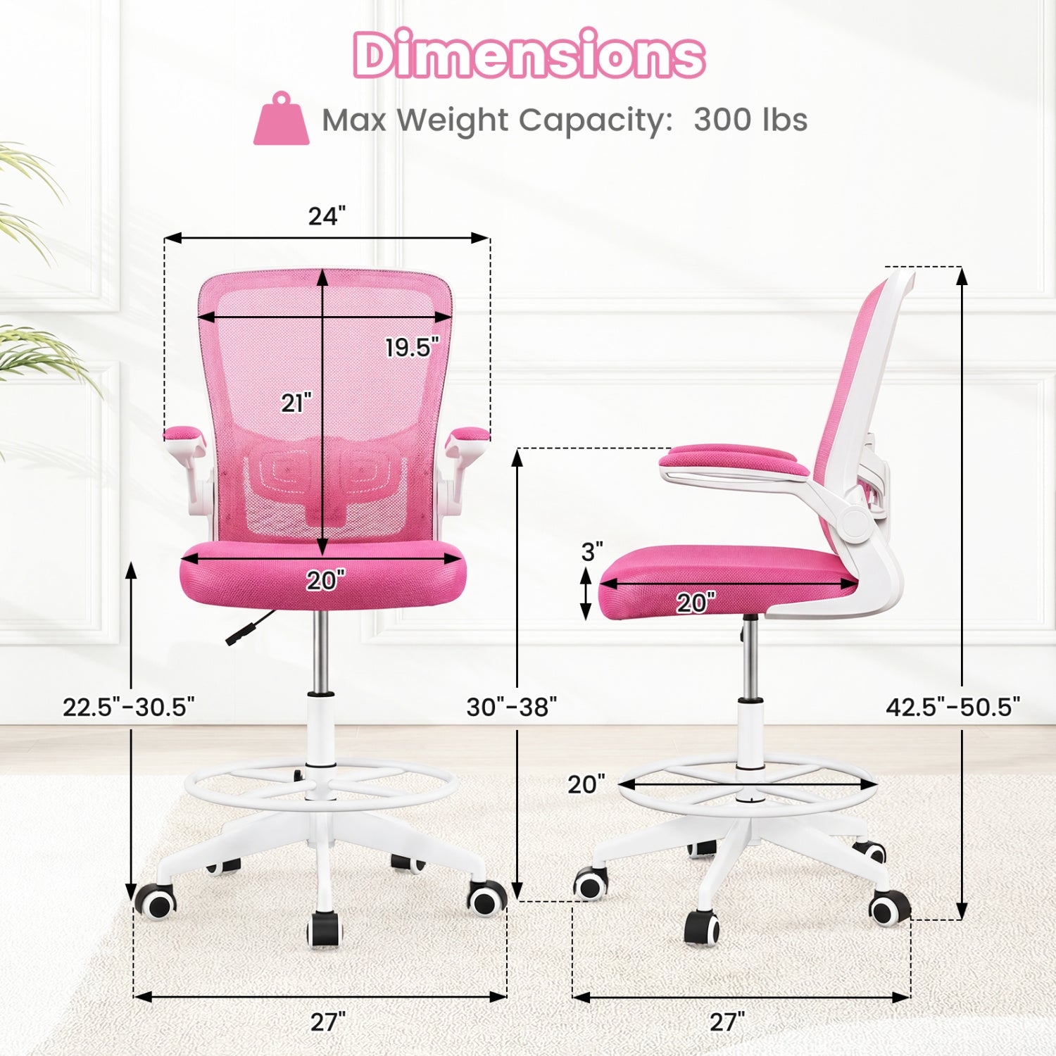 Height Adjustable Drafting Chair with Flip Up Arms for Home Office-Pink
