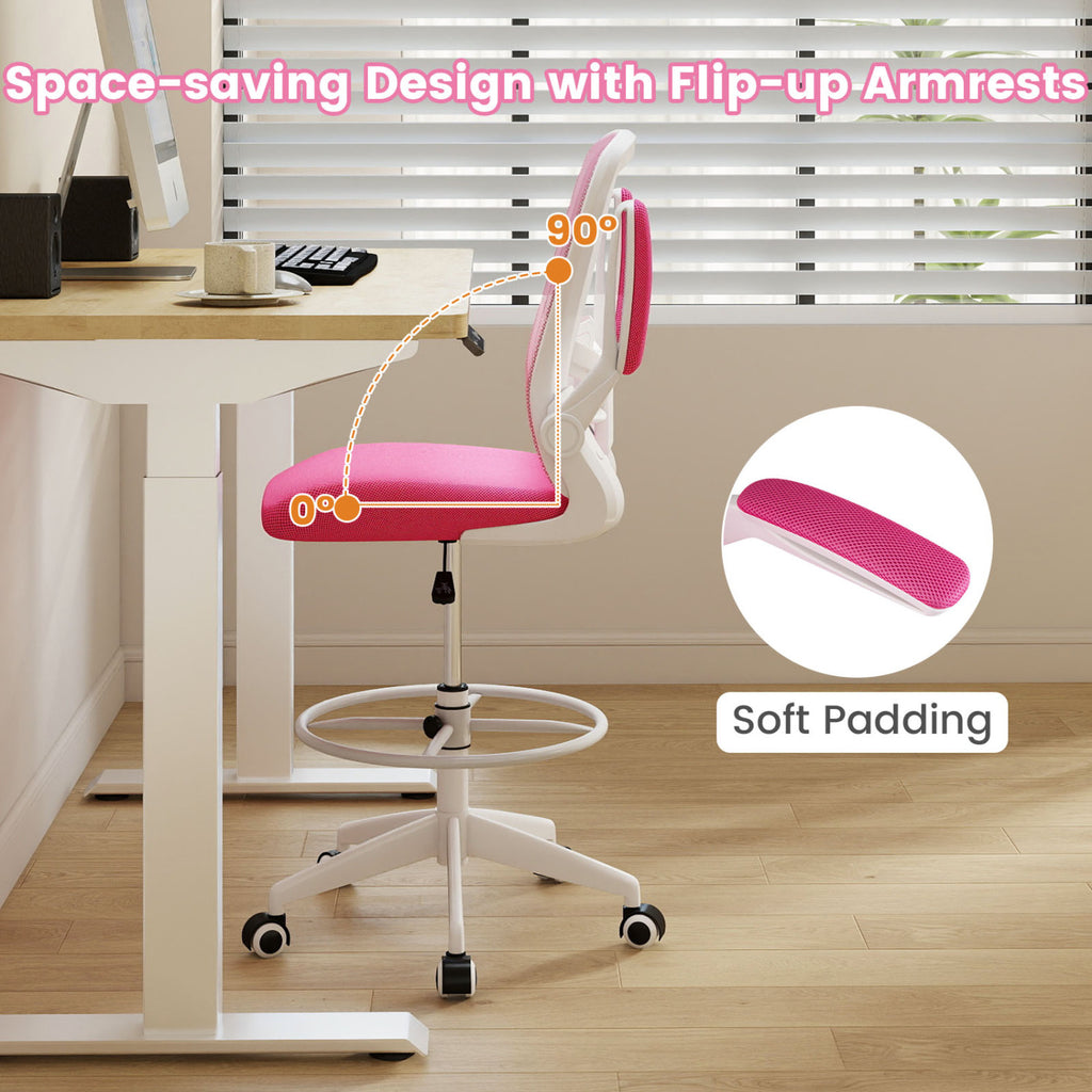 Height Adjustable Drafting Chair with Flip Up Arms for Home Office-Pink