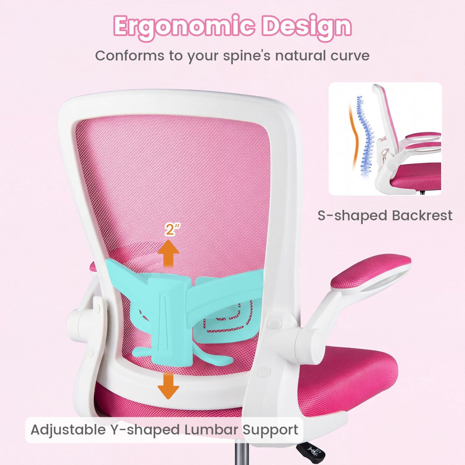 Height Adjustable Drafting Chair with Flip Up Arms for Home Office-Pink