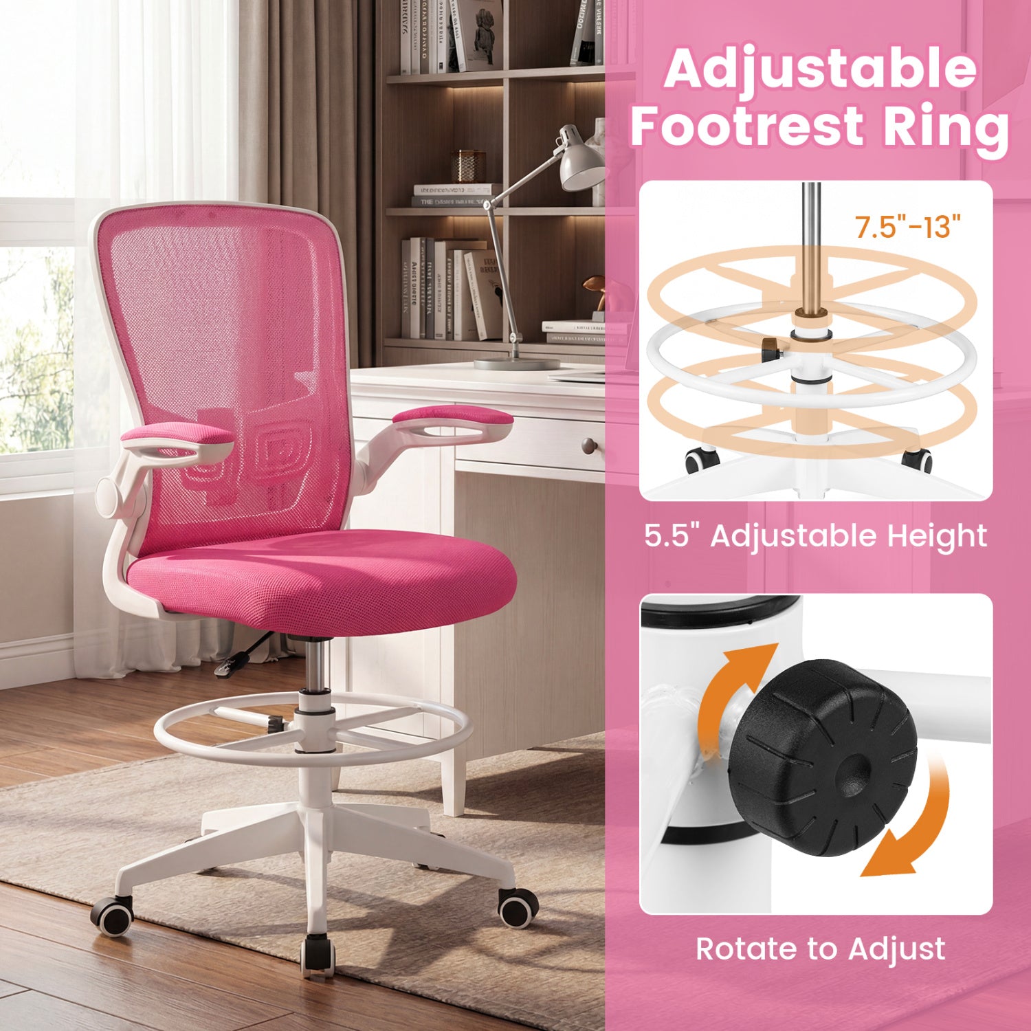 Height Adjustable Drafting Chair with Flip Up Arms for Home Office-Pink
