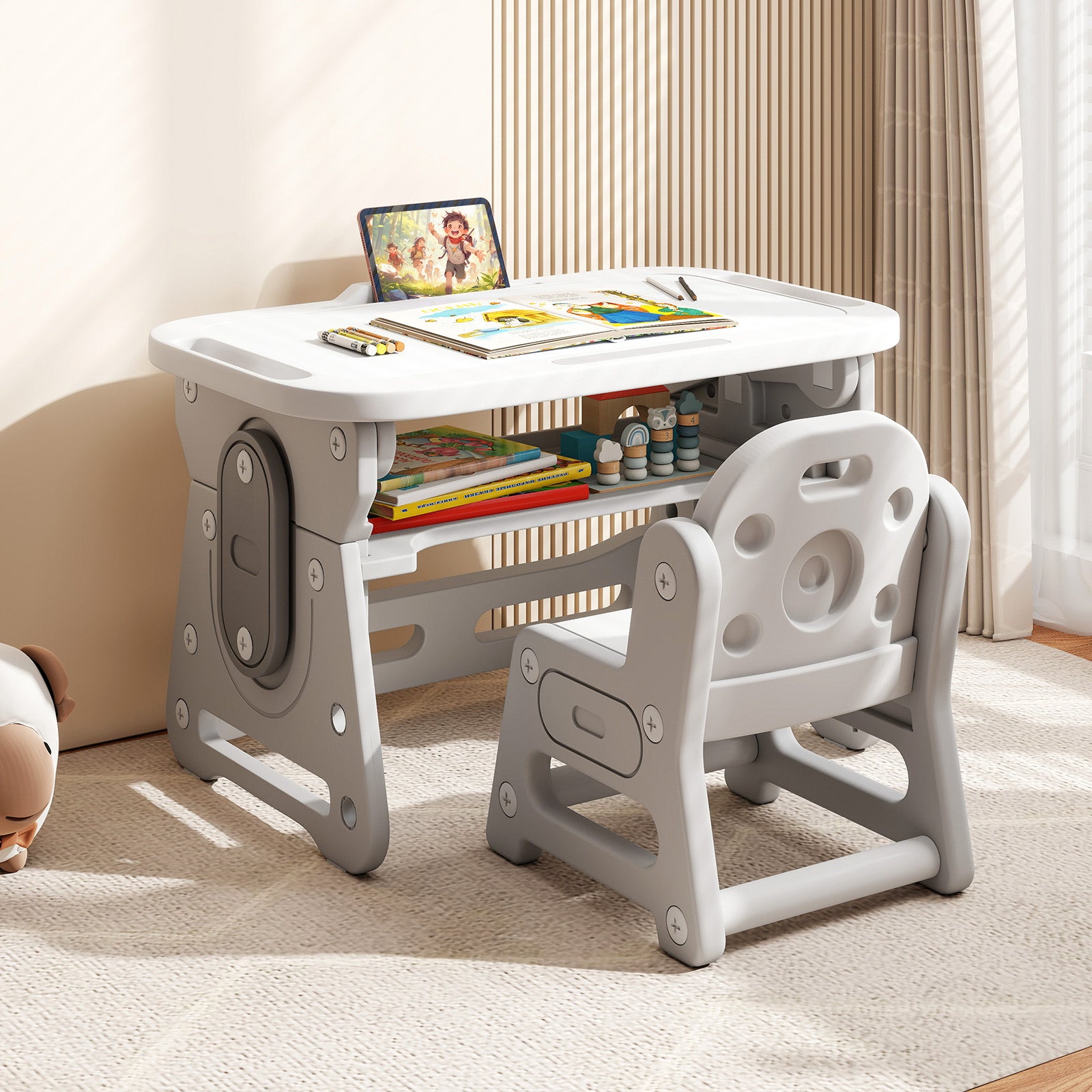 Height Adjustable Kids Table and Chair Set with Tiltable Whiteboard and Concave Shelf-Gray