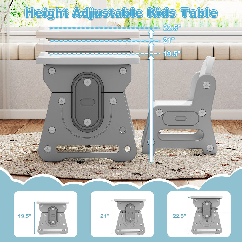 Height Adjustable Kids Table and Chair Set with Tiltable Whiteboard and Concave Shelf-Gray