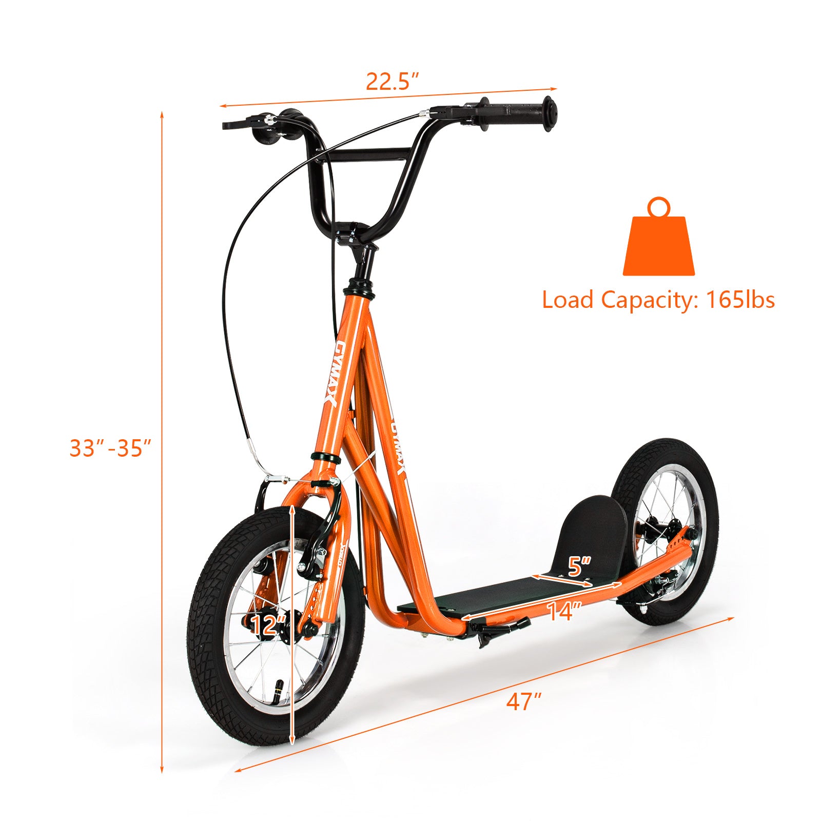 Height Adjustable Kid Kick Scooter with 12 Inch Air Filled Wheel-Orange