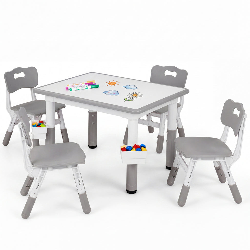 Height Adjustable  Kids Table and 4 Chairs Set with Graffiti Desktop and 2 Storage Baskets-Gray