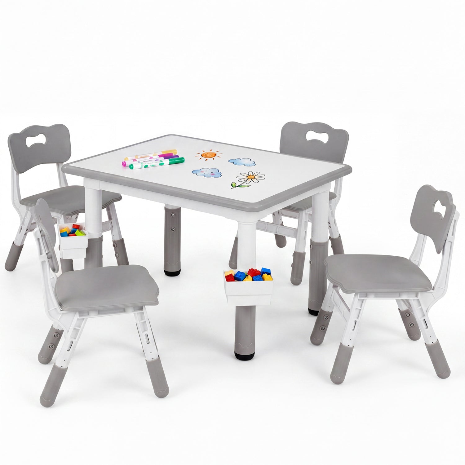Height Adjustable  Kids Table and 4 Chairs Set with Graffiti Desktop and 2 Storage Baskets-Gray