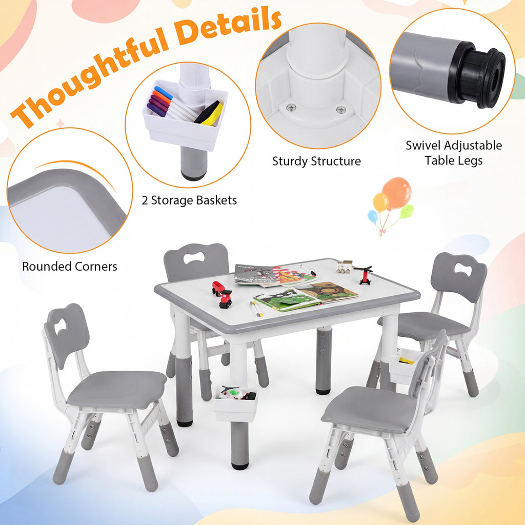 Height Adjustable  Kids Table and 4 Chairs Set with Graffiti Desktop and 2 Storage Baskets-Gray