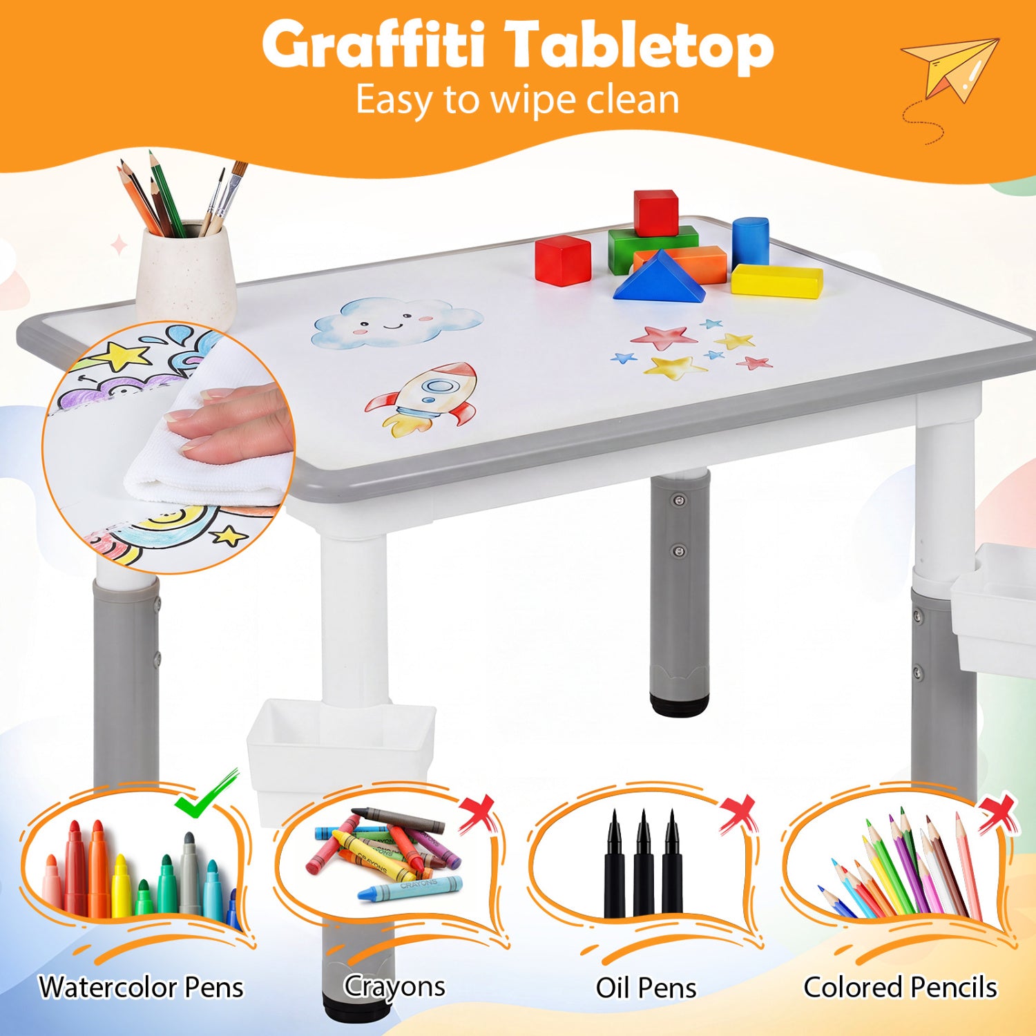 Height Adjustable  Kids Table and 4 Chairs Set with Graffiti Desktop and 2 Storage Baskets-Gray