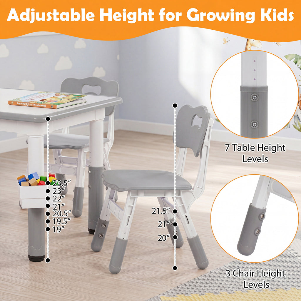 Height Adjustable  Kids Table and 4 Chairs Set with Graffiti Desktop and 2 Storage Baskets-Gray