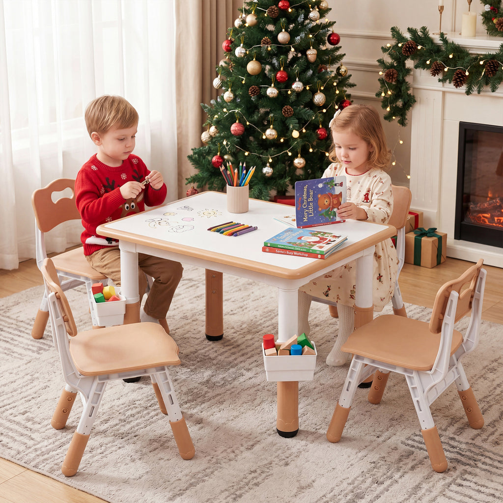 Height Adjustable  Kids Table and 4 Chairs Set with Graffiti Desktop and 2 Storage Baskets-Natrual