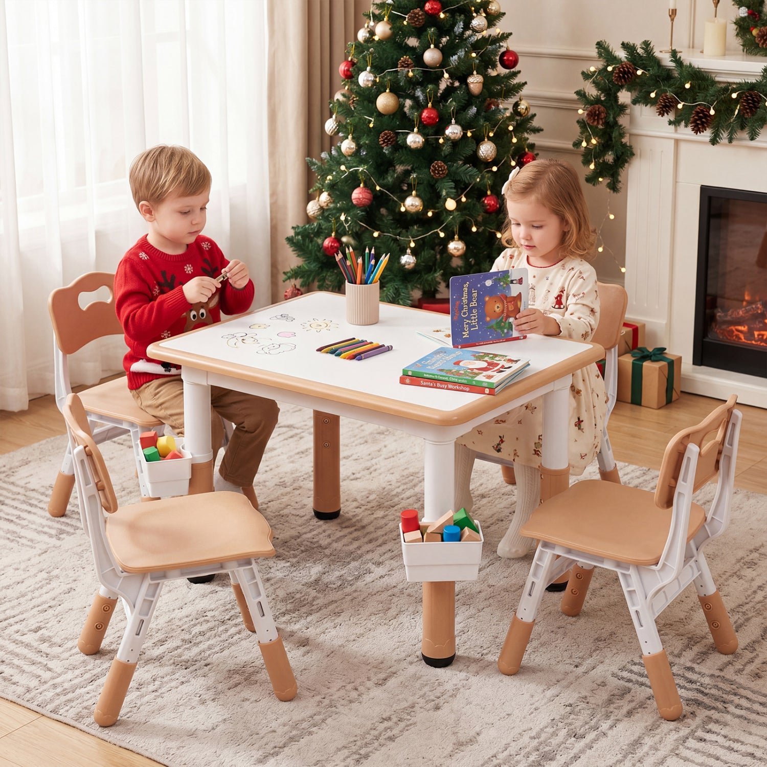 Height Adjustable  Kids Table and 4 Chairs Set with Graffiti Desktop and 2 Storage Baskets-Natrual