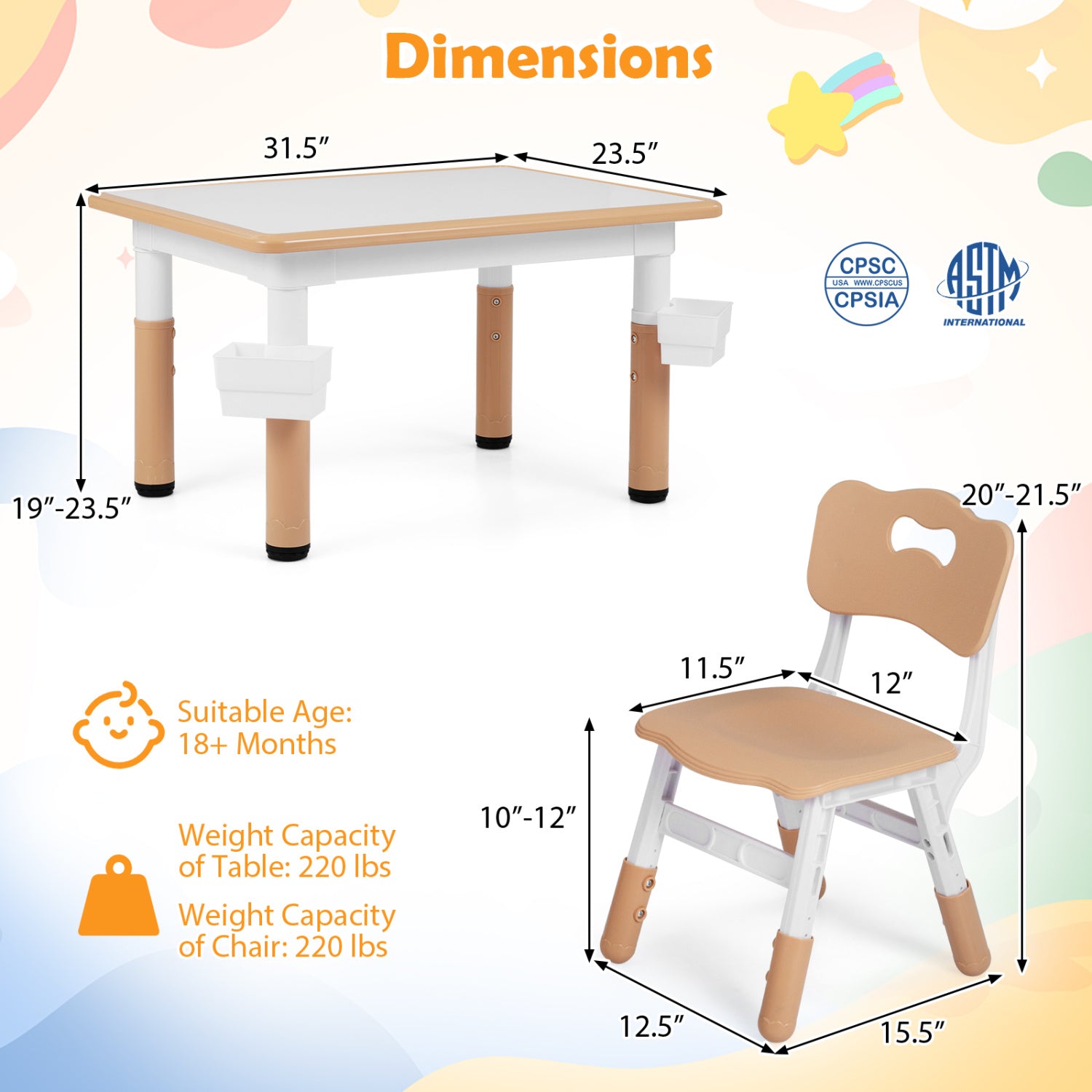 Height Adjustable  Kids Table and 4 Chairs Set with Graffiti Desktop and 2 Storage Baskets-Natrual