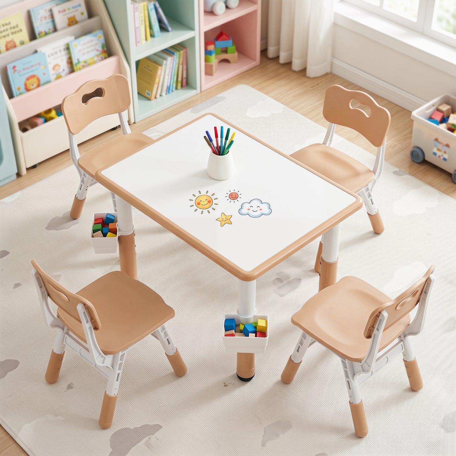 Height Adjustable  Kids Table and 4 Chairs Set with Graffiti Desktop and 2 Storage Baskets-Natrual