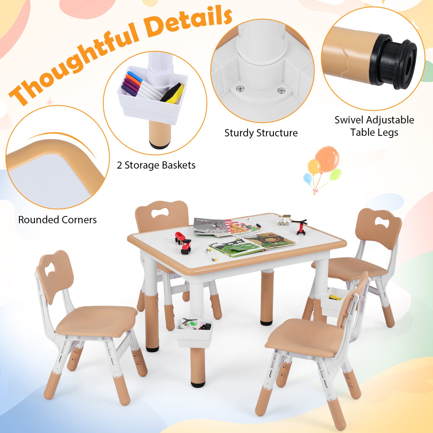 Height Adjustable  Kids Table and 4 Chairs Set with Graffiti Desktop and 2 Storage Baskets-Natrual