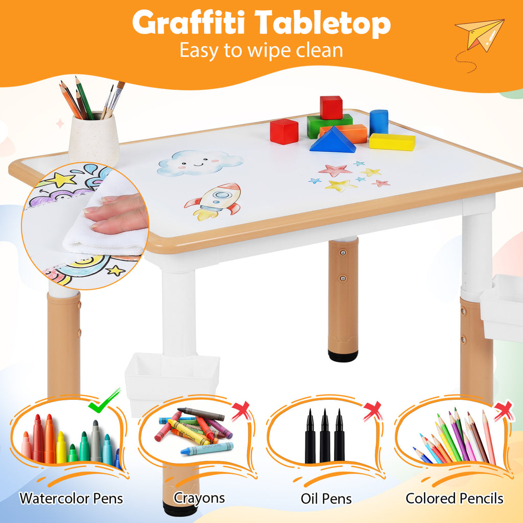 Height Adjustable  Kids Table and 4 Chairs Set with Graffiti Desktop and 2 Storage Baskets-Natrual