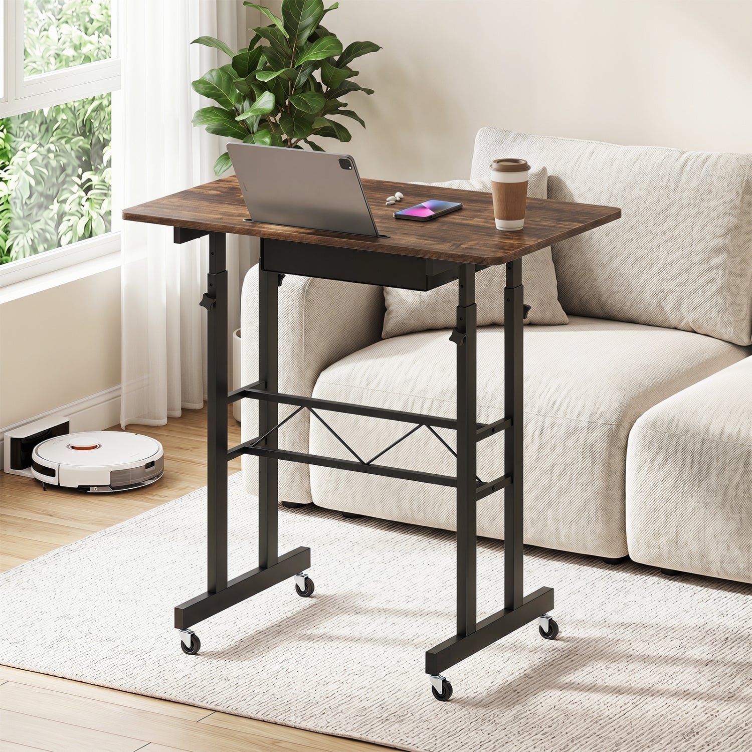 Height Adjustable Laptop Desk with Fabric Drawer Tablet Holder and Lockable Wheels-Rustic Brown