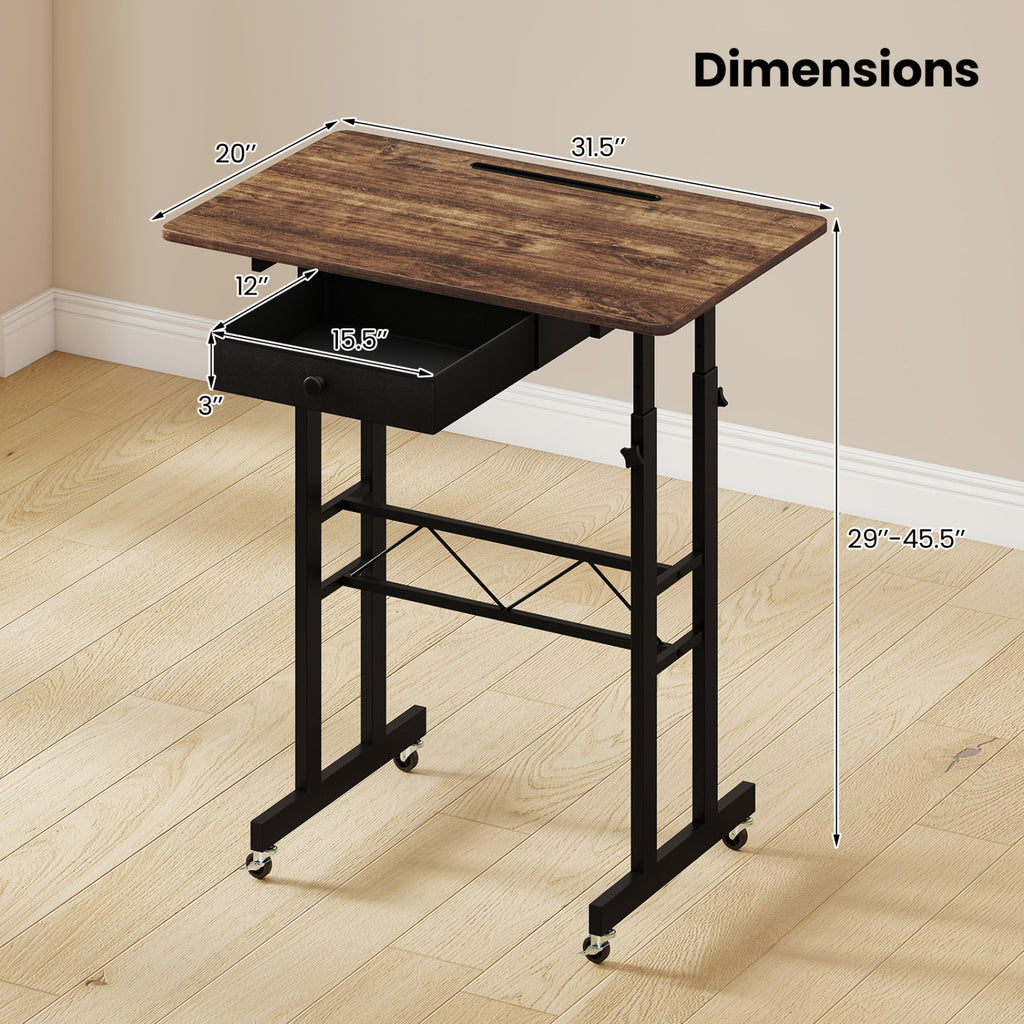 Height Adjustable Laptop Desk with Fabric Drawer Tablet Holder and Lockable Wheels-Rustic Brown