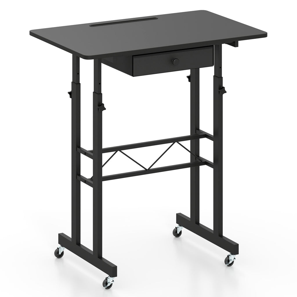 Height Adjustable Laptop Desk with Fabric Drawer Tablet Holder and Lockable Wheels-Black