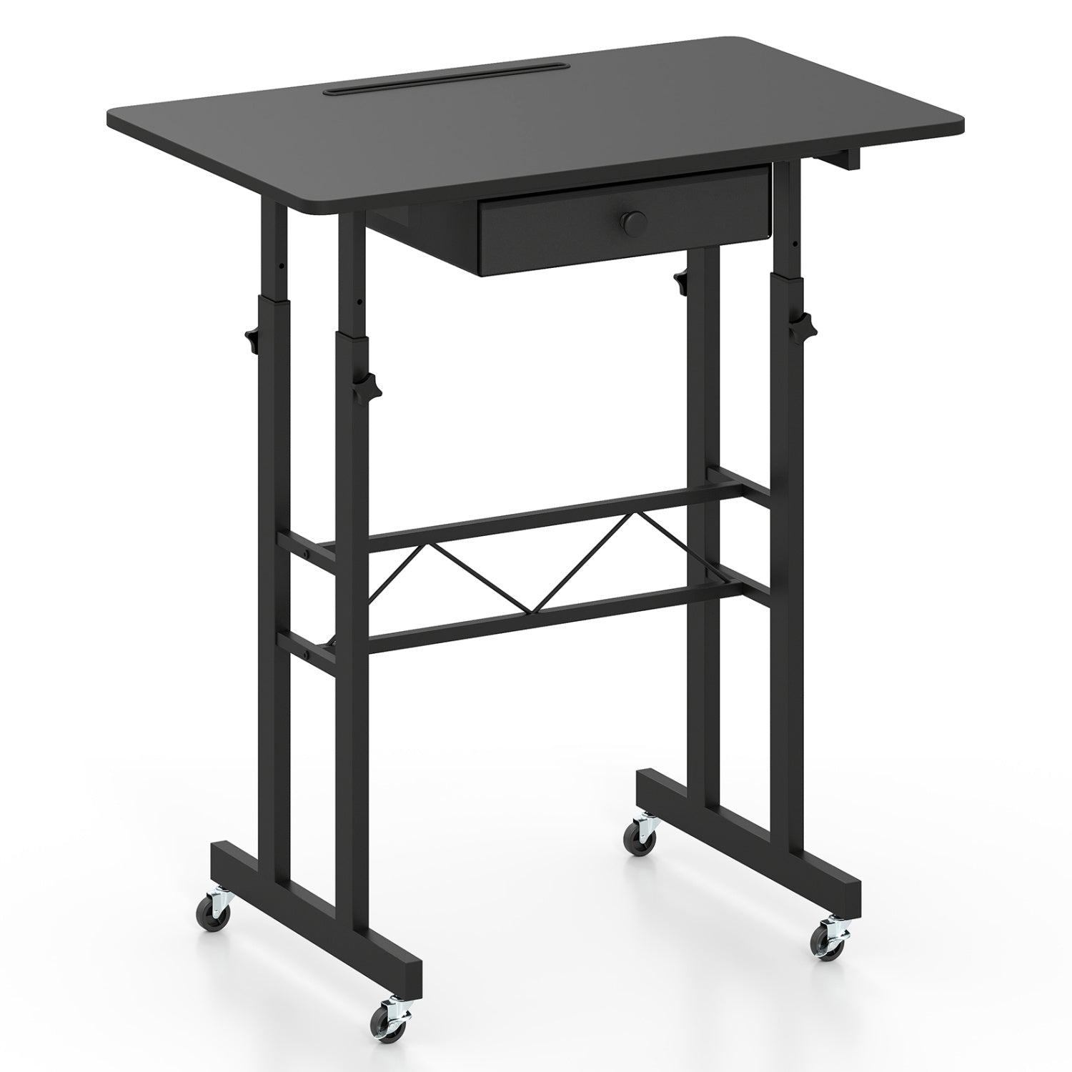 Height Adjustable Laptop Desk with Fabric Drawer Tablet Holder and Lockable Wheels-Black