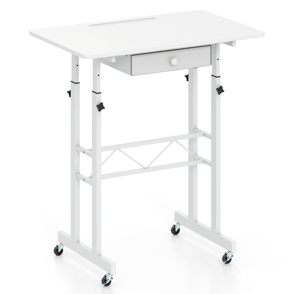 Height Adjustable Laptop Desk with Fabric Drawer Tablet Holder and Lockable Wheels-White