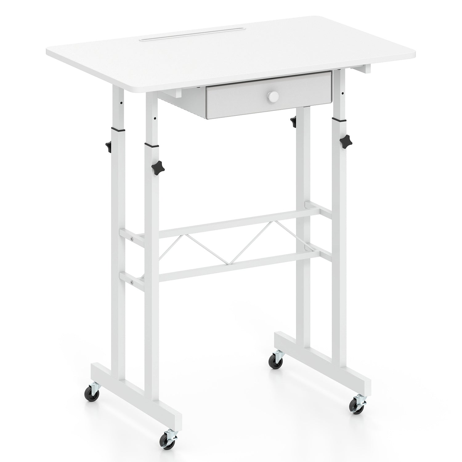 Height Adjustable Laptop Desk with Fabric Drawer Tablet Holder and Lockable Wheels-White