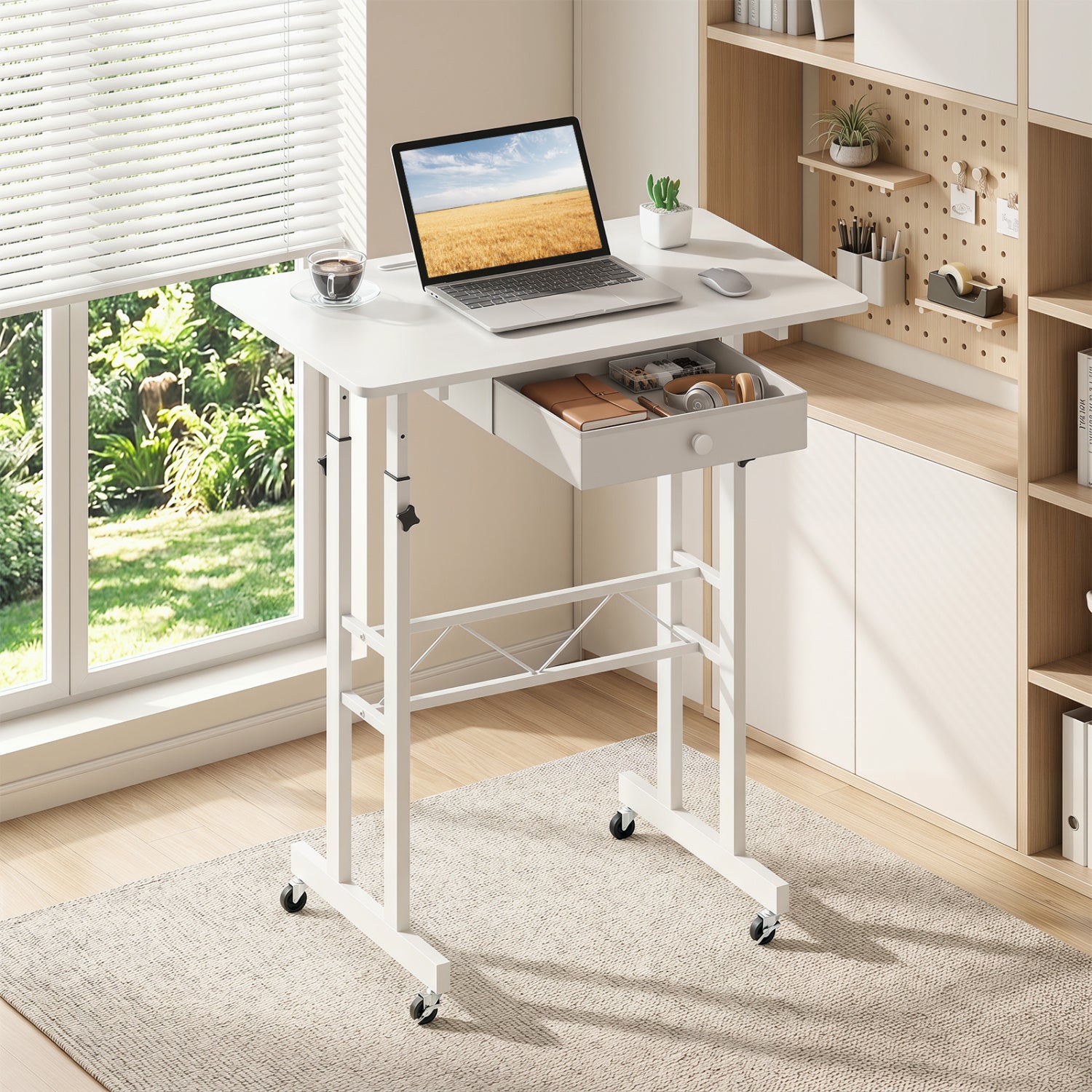 Height Adjustable Laptop Desk with Fabric Drawer Tablet Holder and Lockable Wheels-White