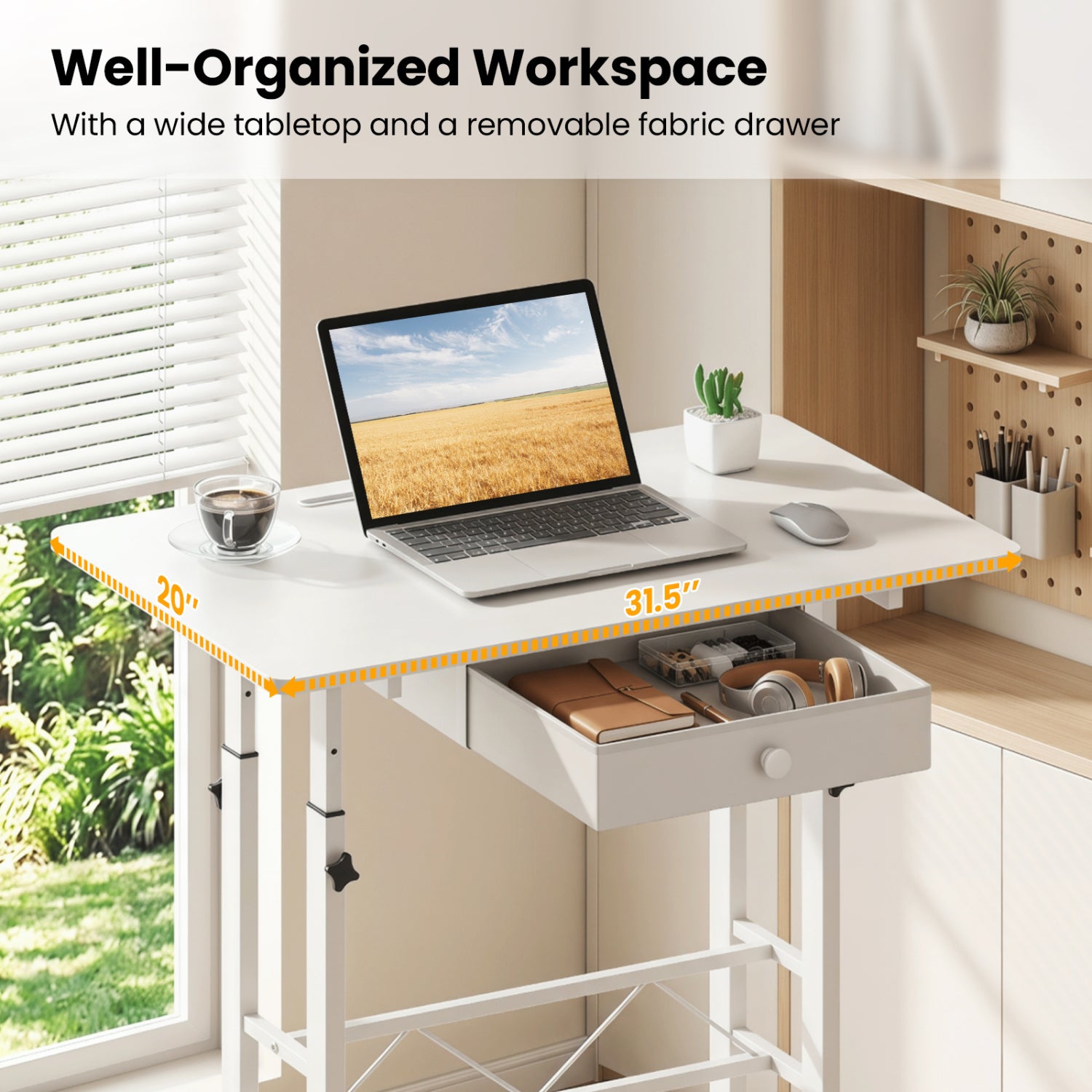 Height Adjustable Laptop Desk with Fabric Drawer Tablet Holder and Lockable Wheels-White