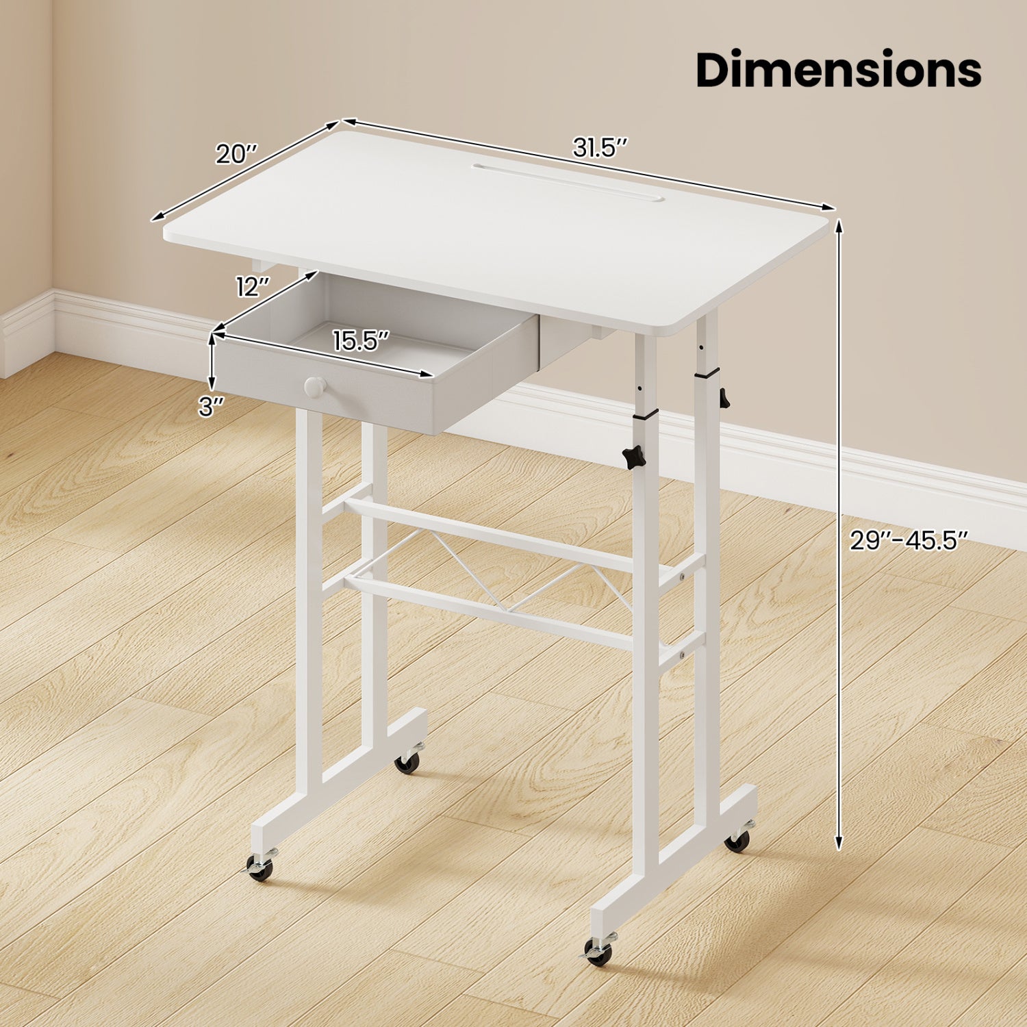 Height Adjustable Laptop Desk with Fabric Drawer Tablet Holder and Lockable Wheels-White