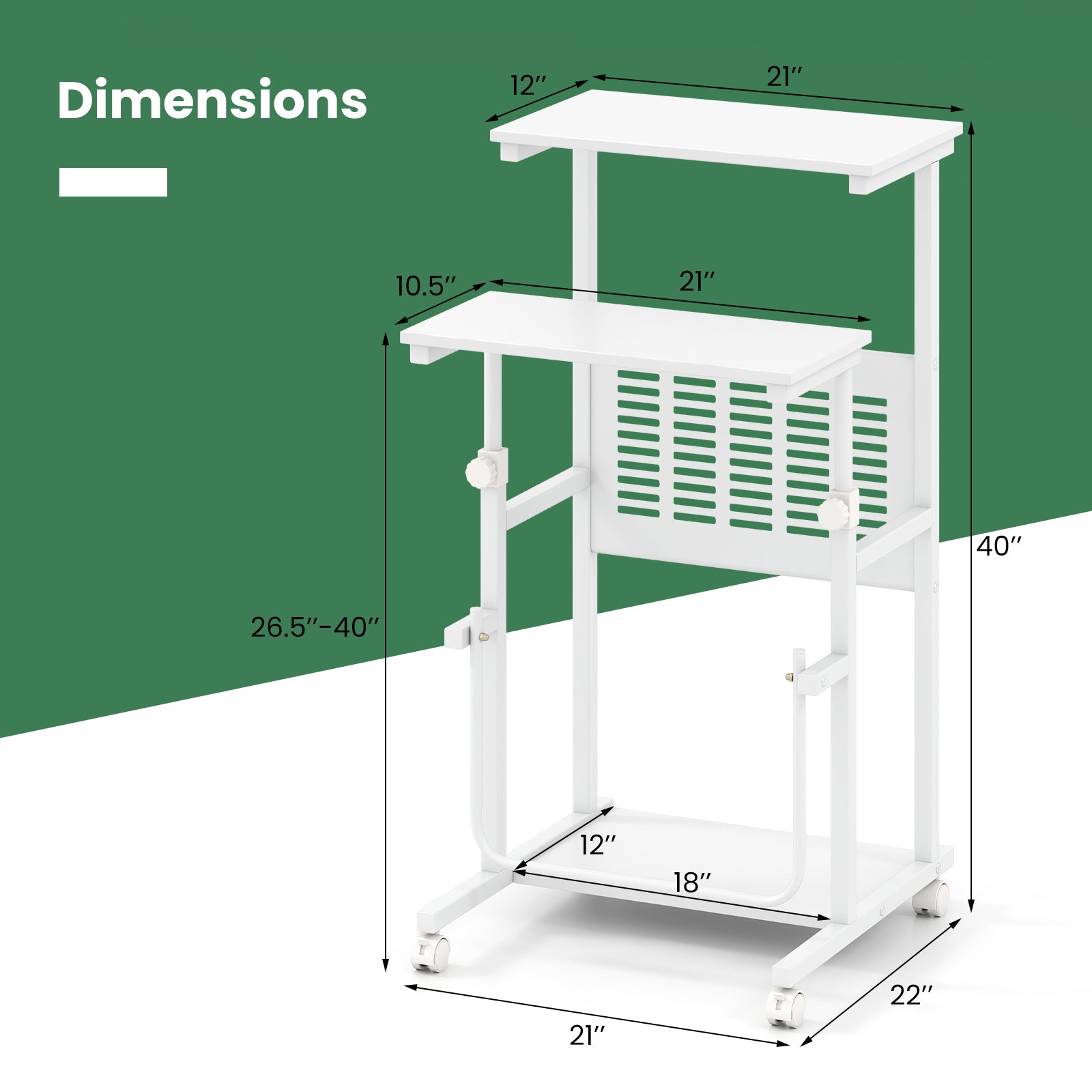 Height Adjustable Mobile Computer Stand-Up Desk with Two Modes-White