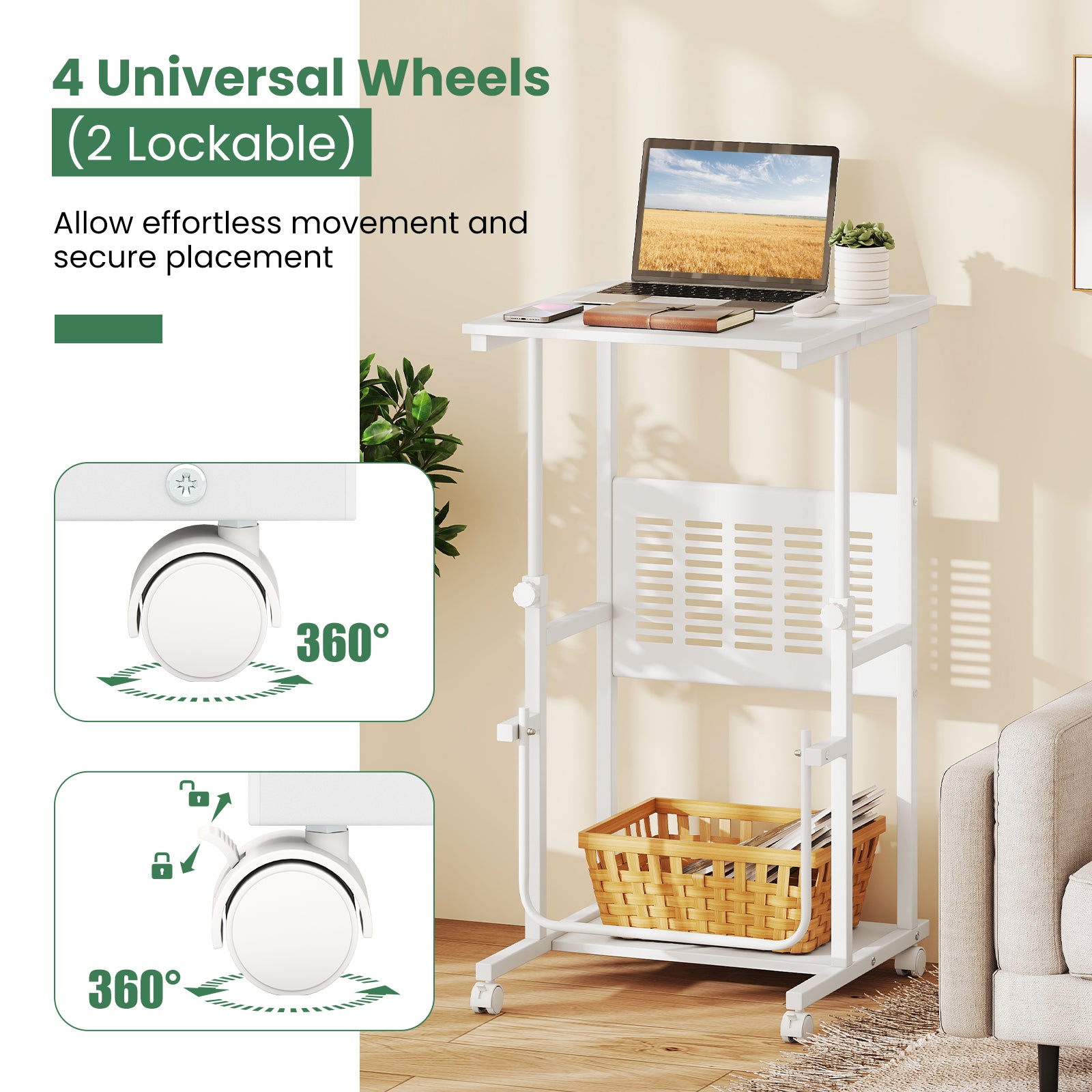 Height Adjustable Mobile Computer Stand-Up Desk with Two Modes-White