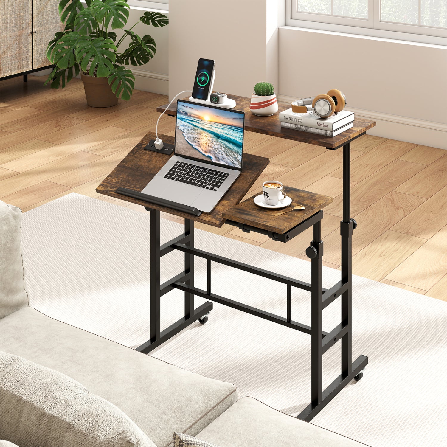 Height Adjustable Mobile Standing Desk with Power Outlets and Portable Rolling Laptop Cart on Wheels-Rustic Brown