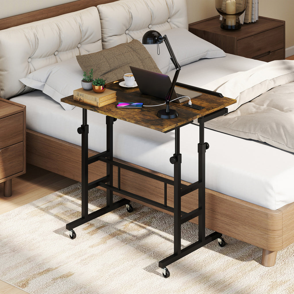 Height Adjustable Mobile Standing Desk with Power Outlets and Portable Rolling Laptop Cart on Wheels-Rustic Brown