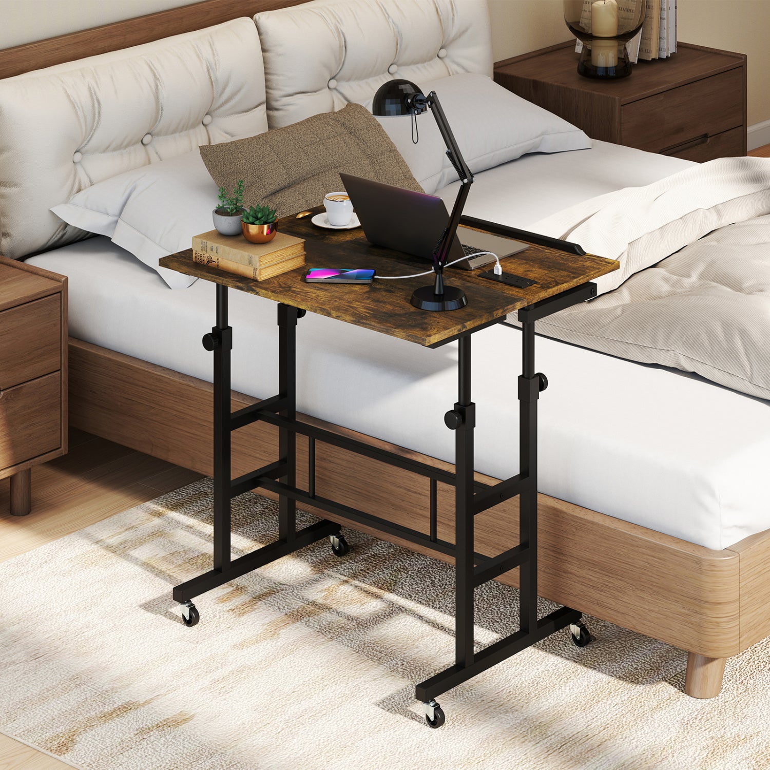 Height Adjustable Mobile Standing Desk with Power Outlets and Portable Rolling Laptop Cart on Wheels-Rustic Brown