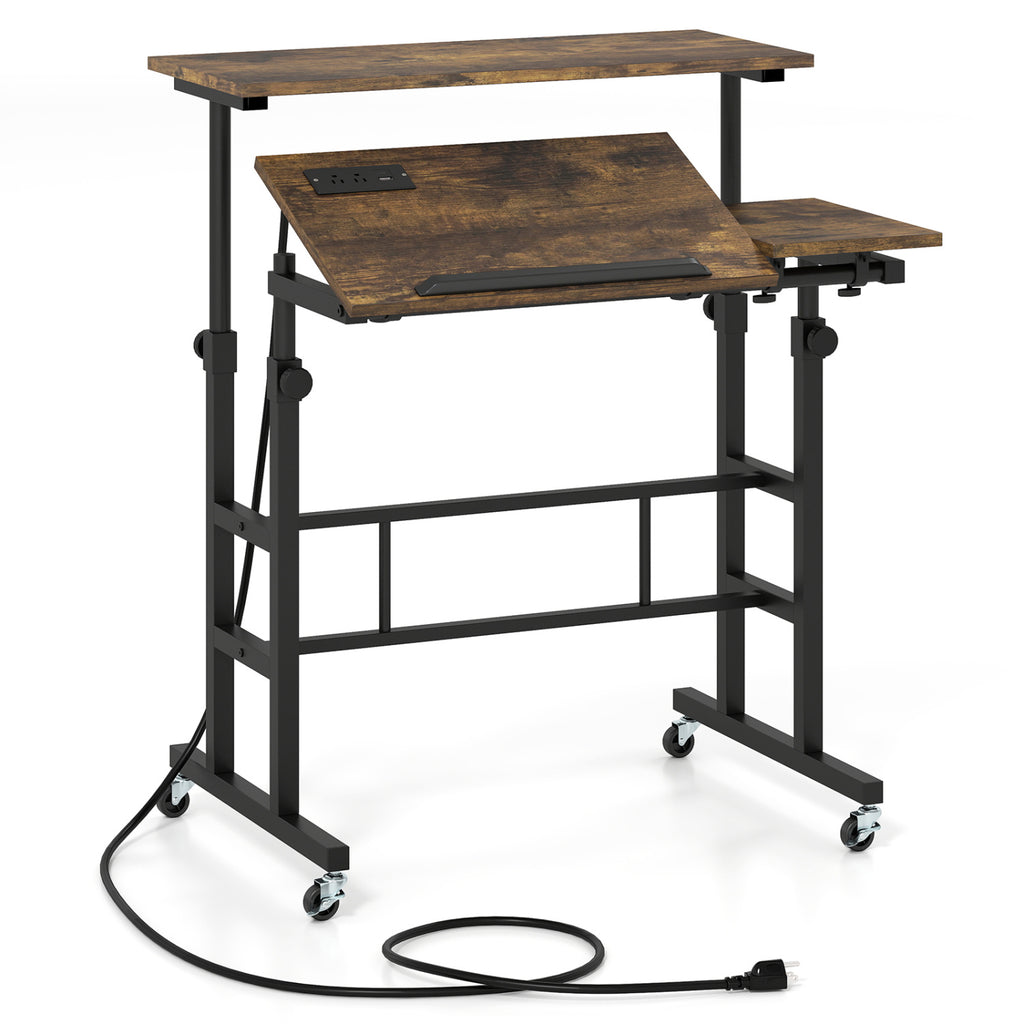 Height Adjustable Mobile Standing Desk with Power Outlets and Portable Rolling Laptop Cart on Wheels-Rustic Brown