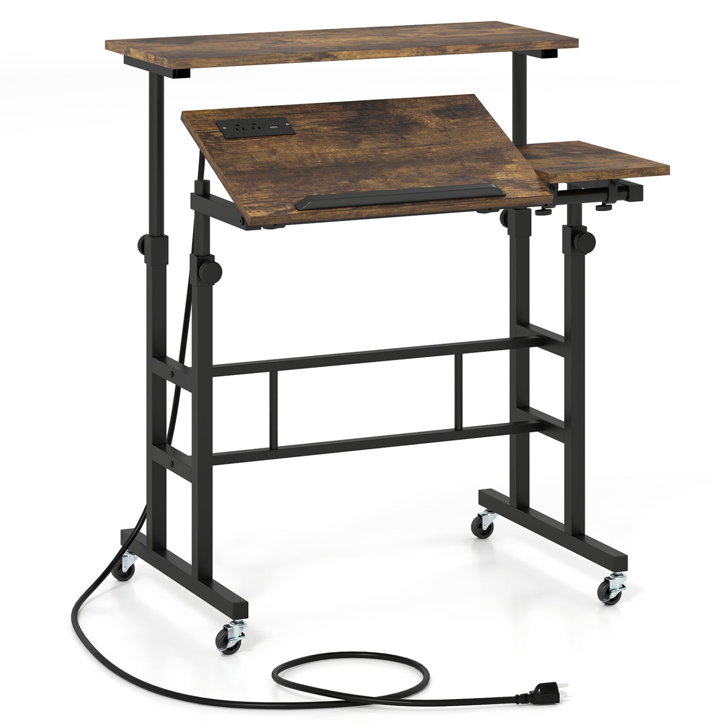 Height Adjustable Mobile Standing Desk with Power Outlets and Portable Rolling Laptop Cart on Wheels-Rustic Brown