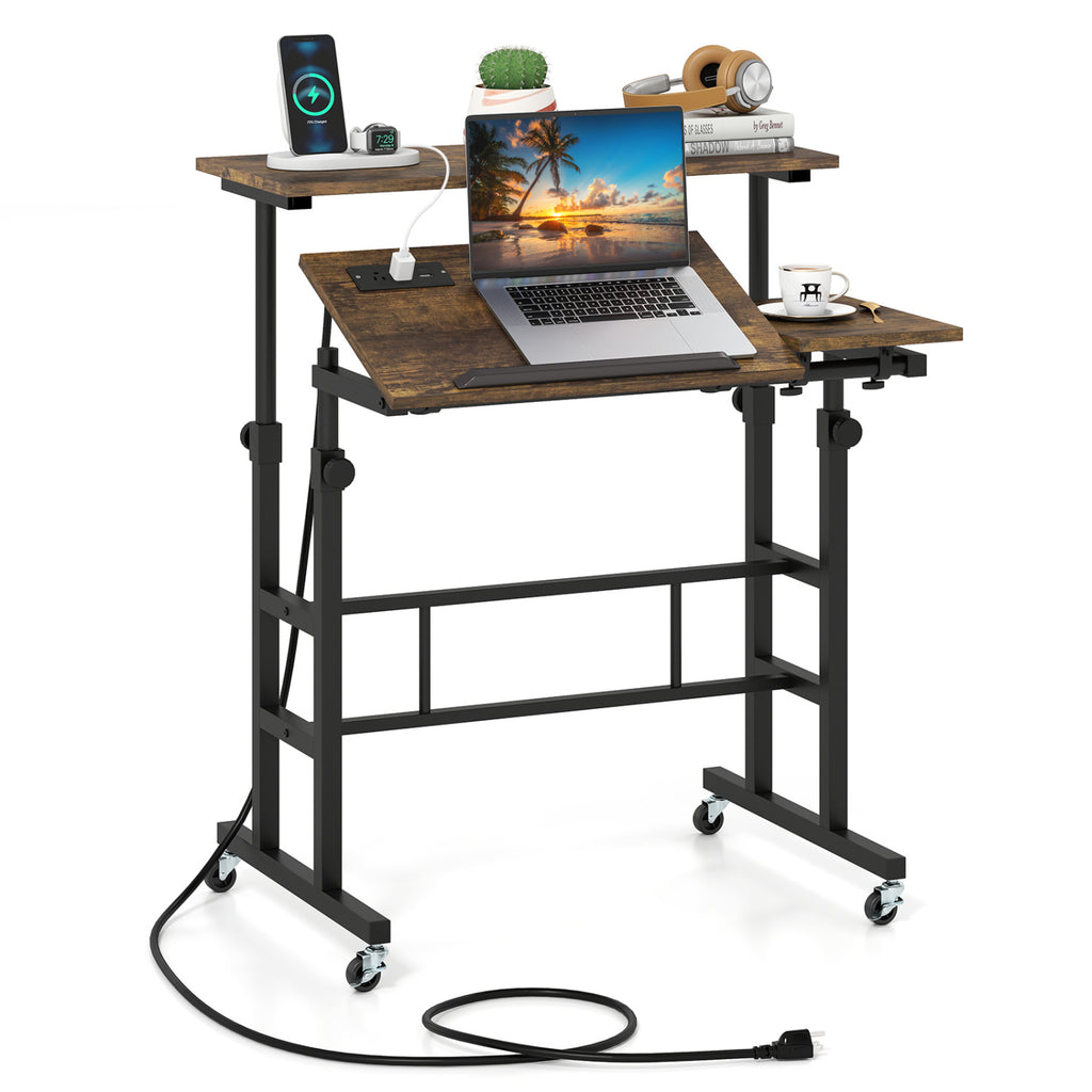 Height Adjustable Mobile Standing Desk with Power Outlets and Portable Rolling Laptop Cart on Wheels-Rustic Brown