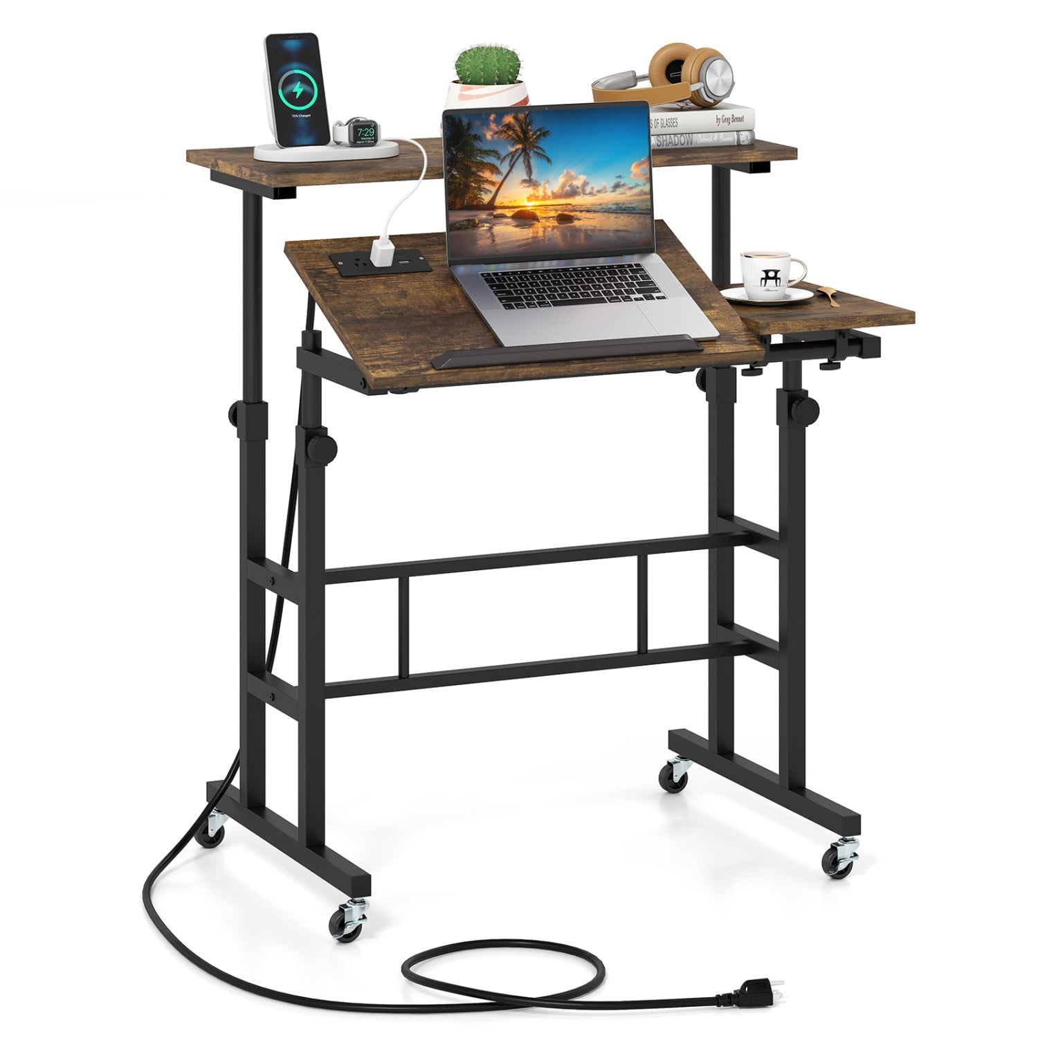 Height Adjustable Mobile Standing Desk with Power Outlets and Portable Rolling Laptop Cart on Wheels-Rustic Brown