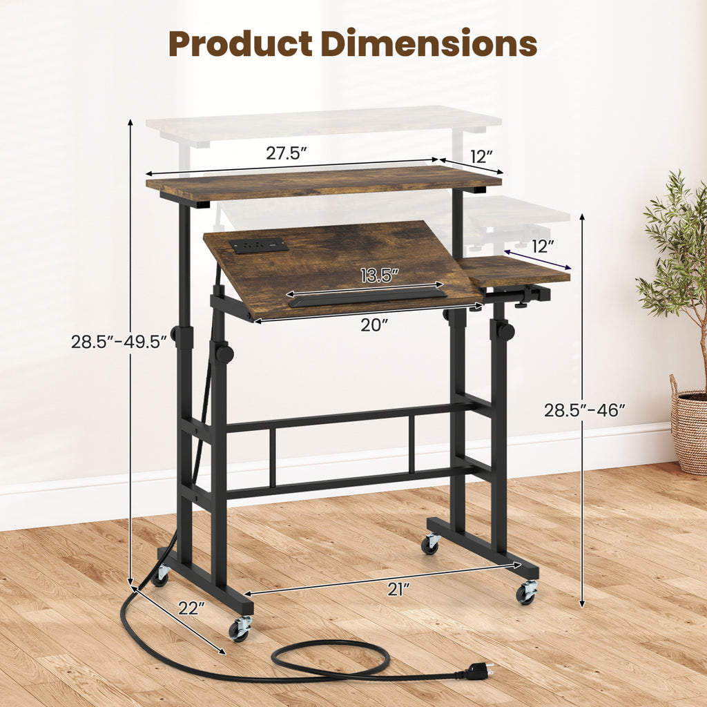 Height Adjustable Mobile Standing Desk with Power Outlets and Portable Rolling Laptop Cart on Wheels-Rustic Brown