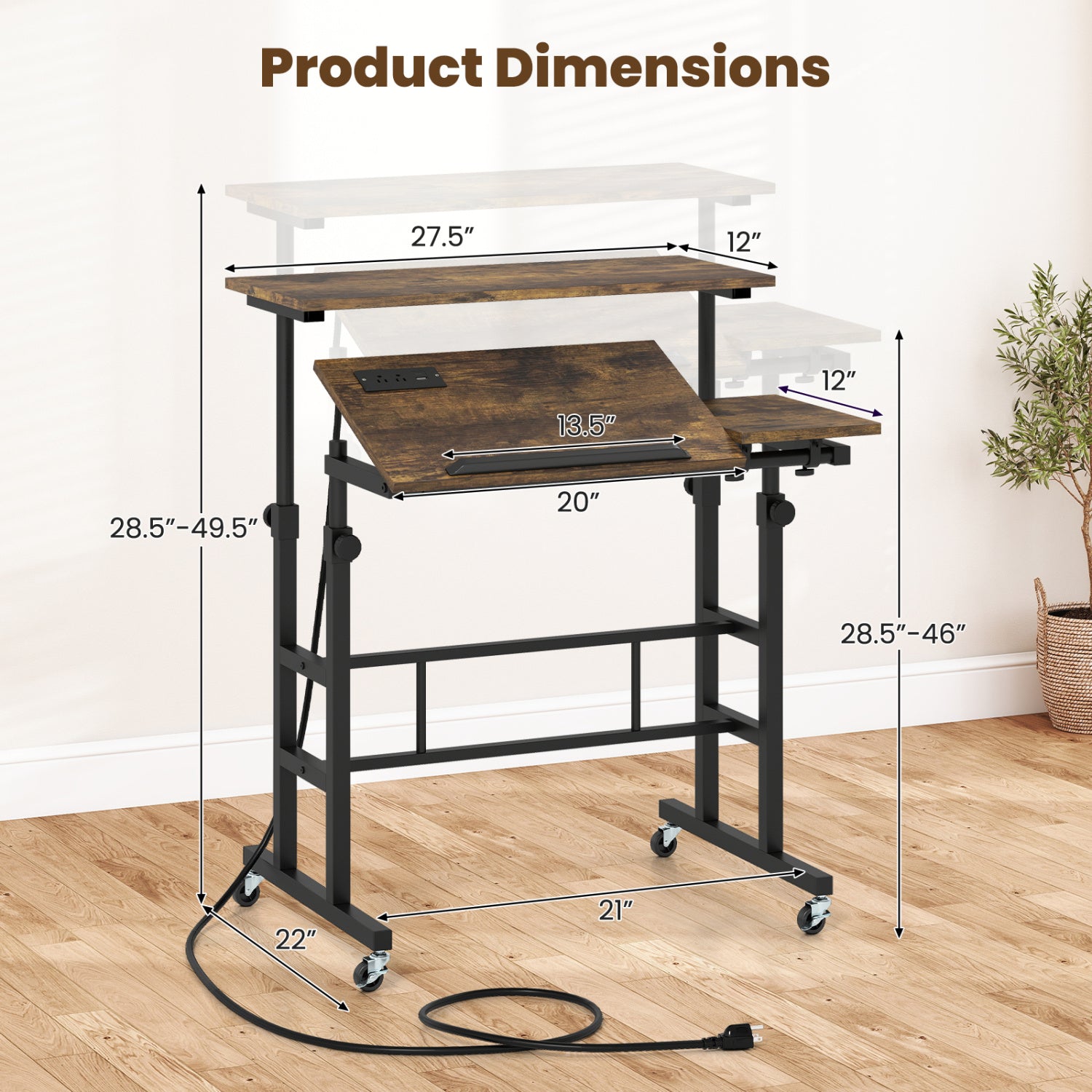 Height Adjustable Mobile Standing Desk with Power Outlets and Portable Rolling Laptop Cart on Wheels-Rustic Brown
