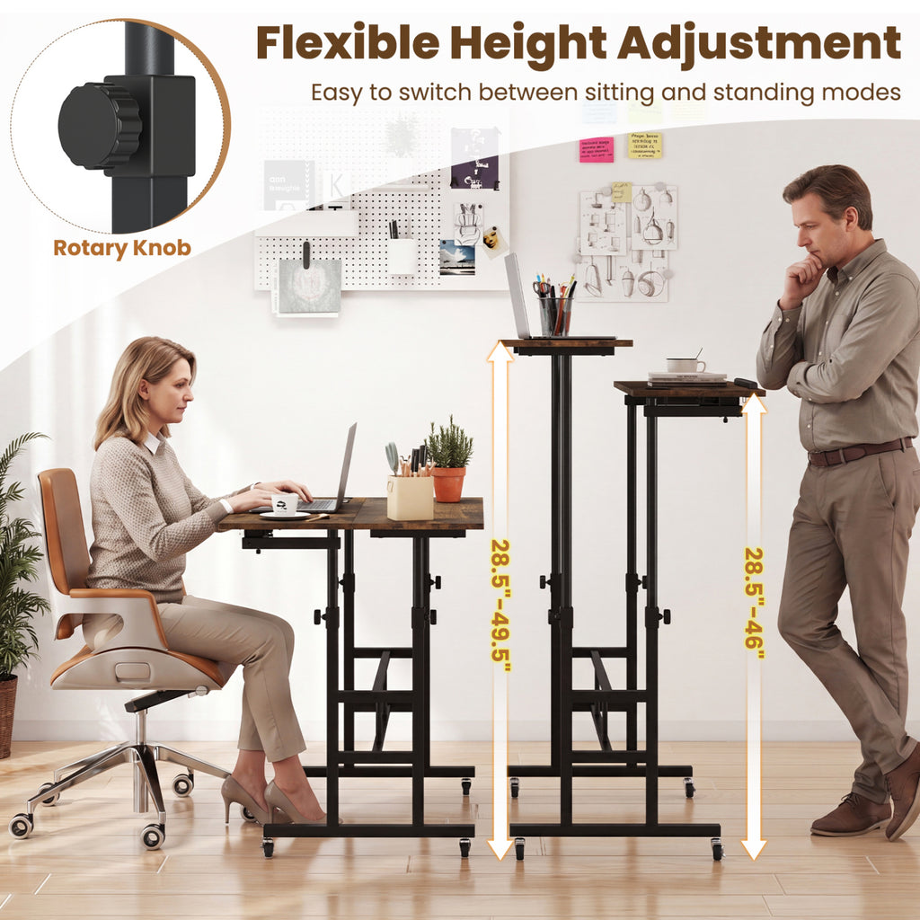 Height Adjustable Mobile Standing Desk with Power Outlets and Portable Rolling Laptop Cart on Wheels-Rustic Brown