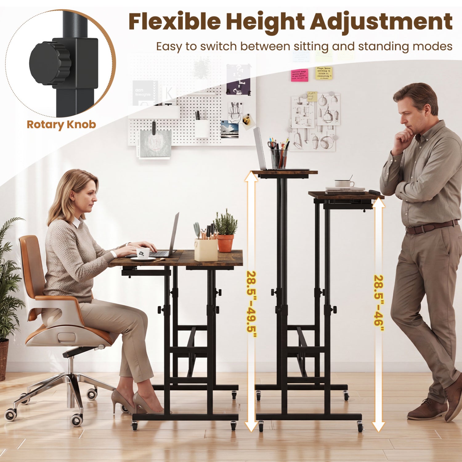 Height Adjustable Mobile Standing Desk with Power Outlets and Portable Rolling Laptop Cart on Wheels-Rustic Brown