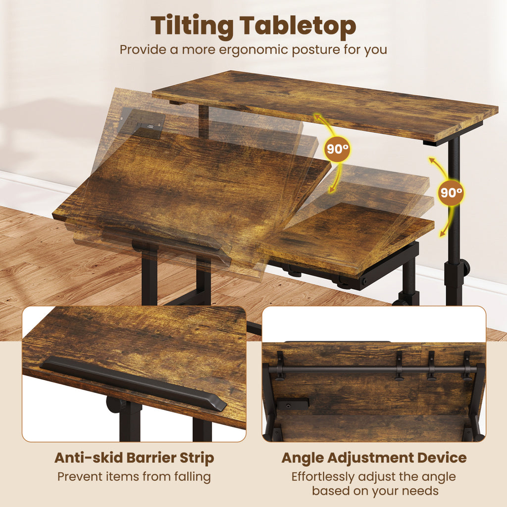 Height Adjustable Mobile Standing Desk with Power Outlets and Portable Rolling Laptop Cart on Wheels-Rustic Brown
