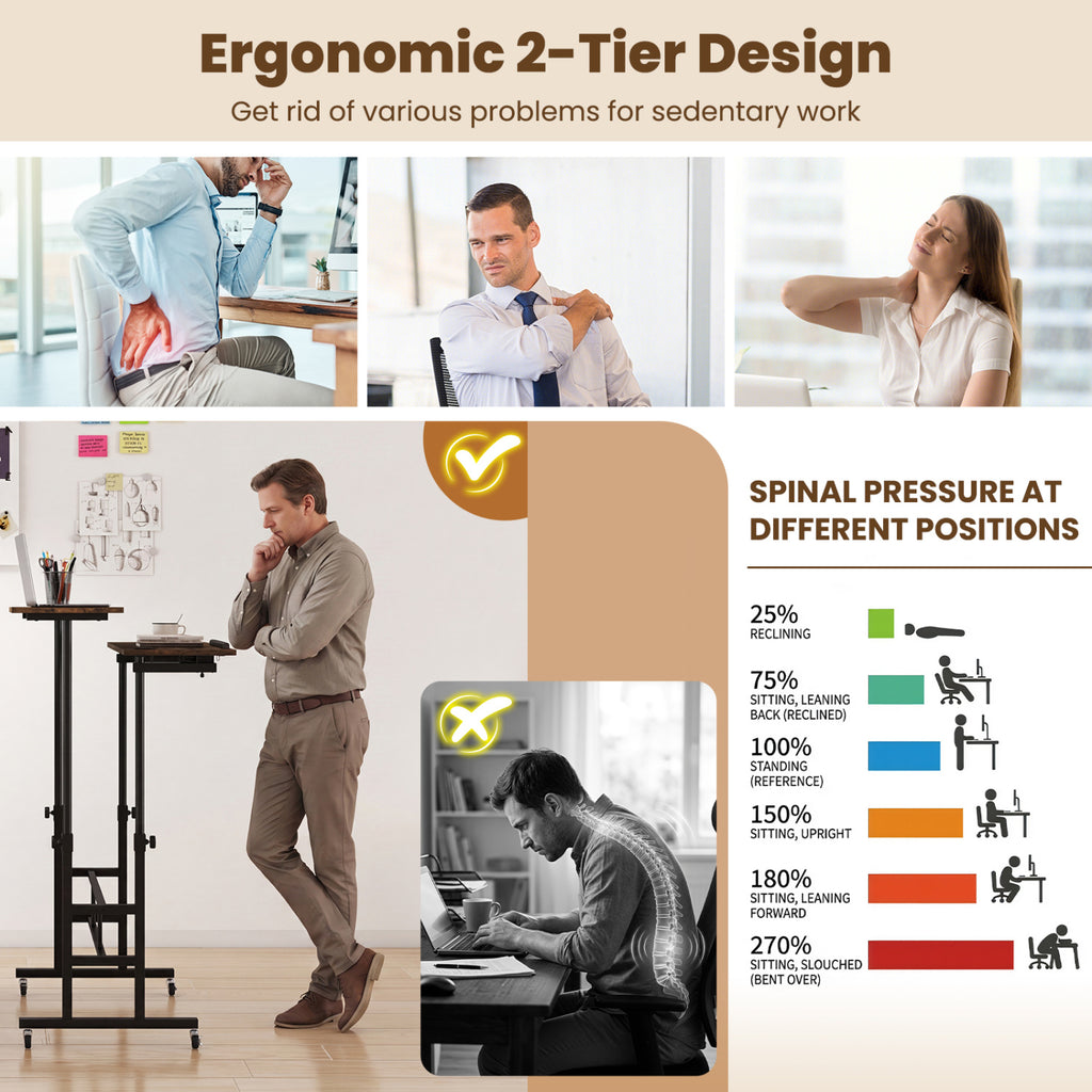 Height Adjustable Mobile Standing Desk with Power Outlets and Portable Rolling Laptop Cart on Wheels-Rustic Brown