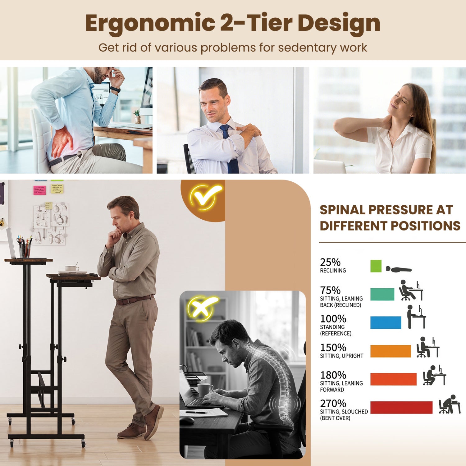 Height Adjustable Mobile Standing Desk with Power Outlets and Portable Rolling Laptop Cart on Wheels-Rustic Brown