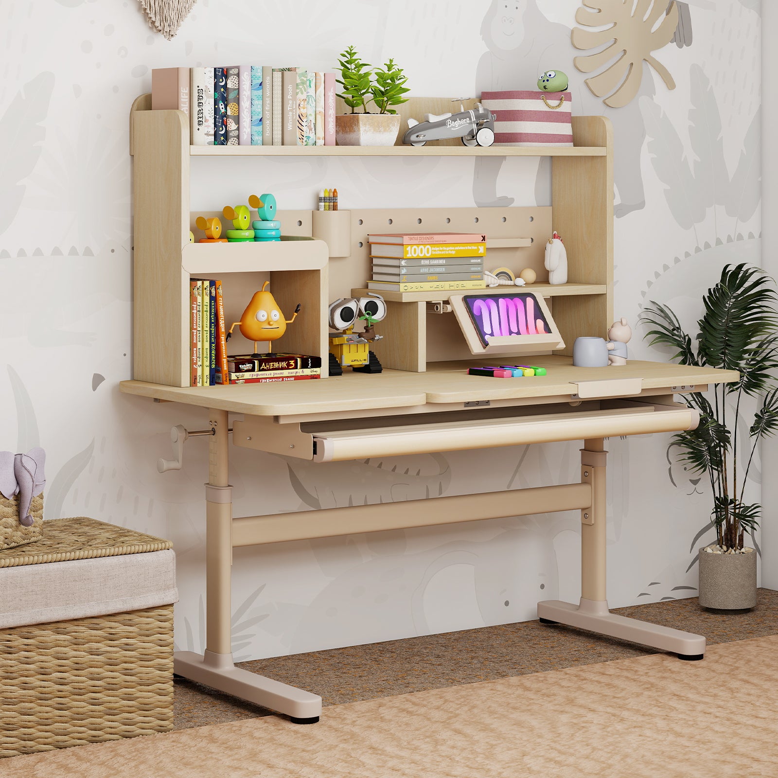 Height Adjustable Writing Table with Tilt Desktop and Retractable Book Stand-Yellow