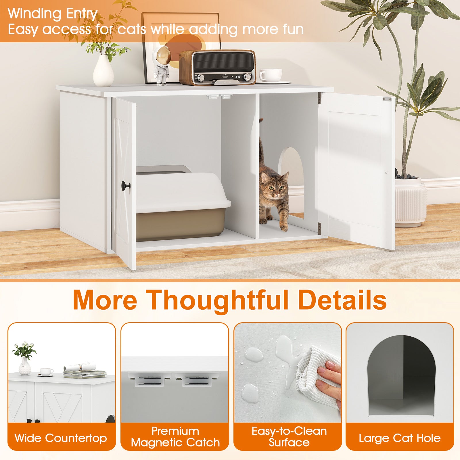 Hidden Cat Litter Box Enclosure Furniture with Divider-White