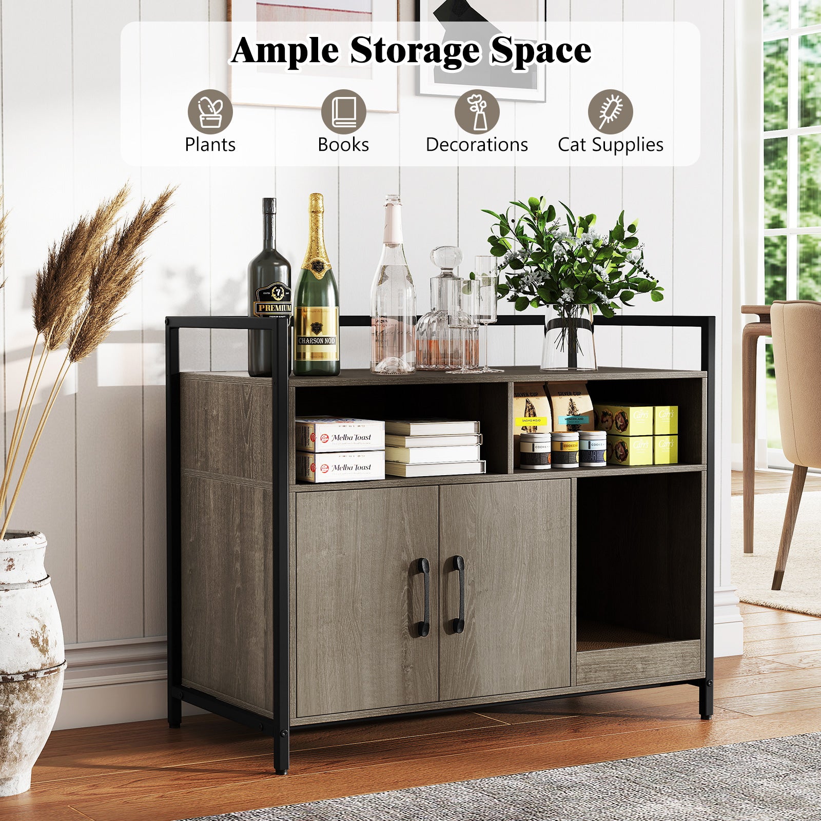 Hidden Cat Washroom with Double Doors and Scratch Cardboard-Oak