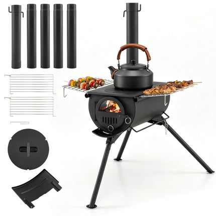 Hot Tent Stove with Chimney Pipes and Foldable Legs for Outdoor Heating-Black