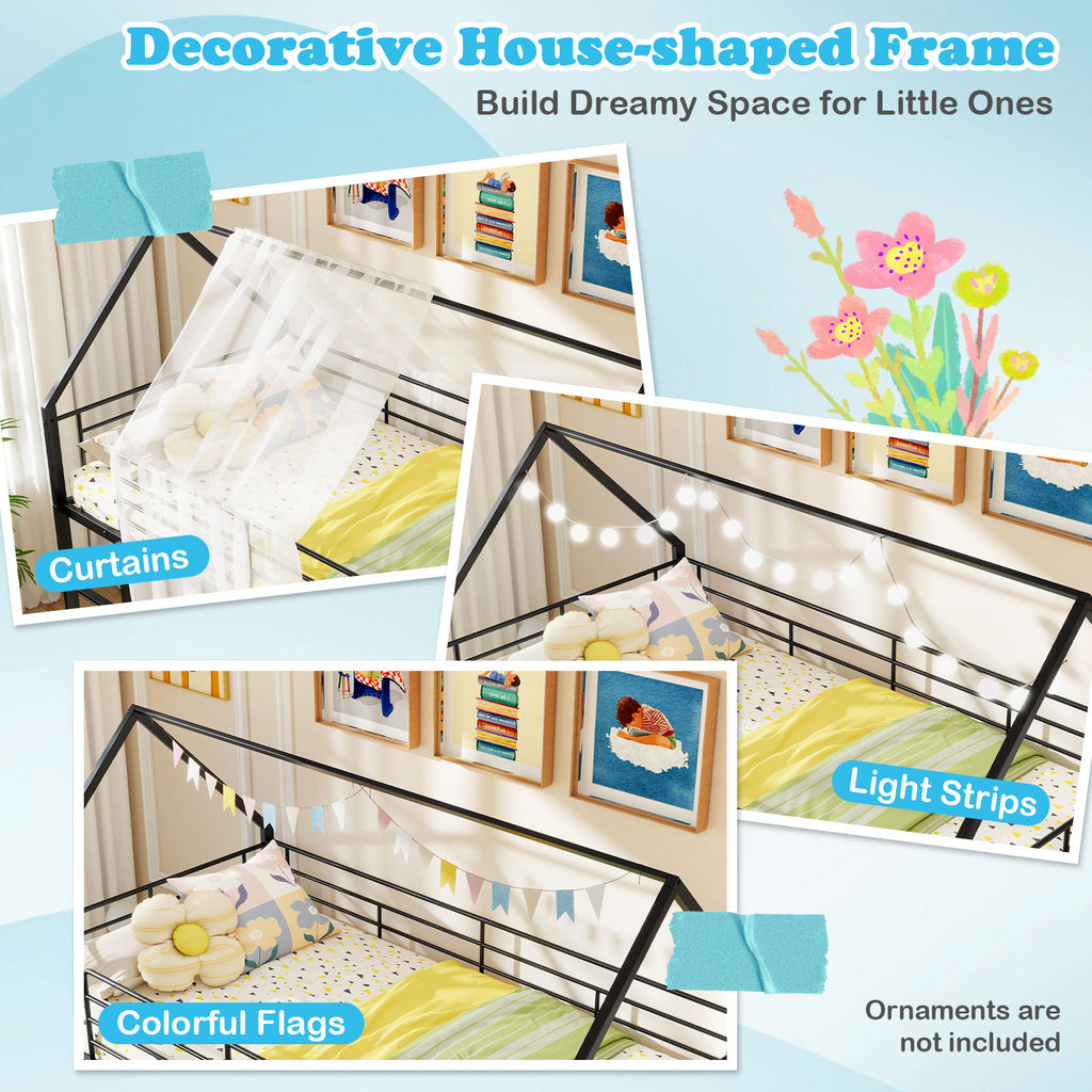 House-shaped Metal Twin Over Twin Low Bunk Bed-Black